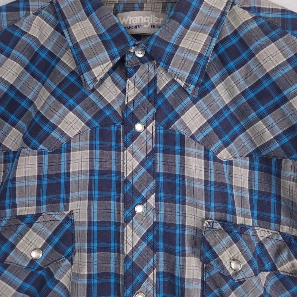 Vintage Wrangler‎ Wrancher Pearl Snap Shirt XL Blue Plaid Short Sleeve Western - Picture 3 of 8